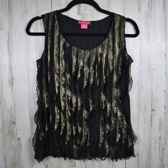Vintage Sunny Leigh black/gold ruffle sleeveless tank top blouse sz petite small - Picture 1 of 8